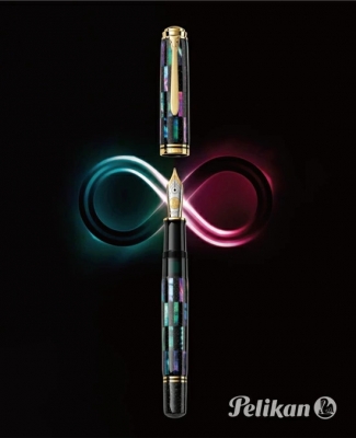 Stilou M1000 M Editie Limitata Raden Black Infinity, penita aur 18k decorata cu rodiu, corp lucrat manual innobilat cu particule de scoica abalone, Pelikan